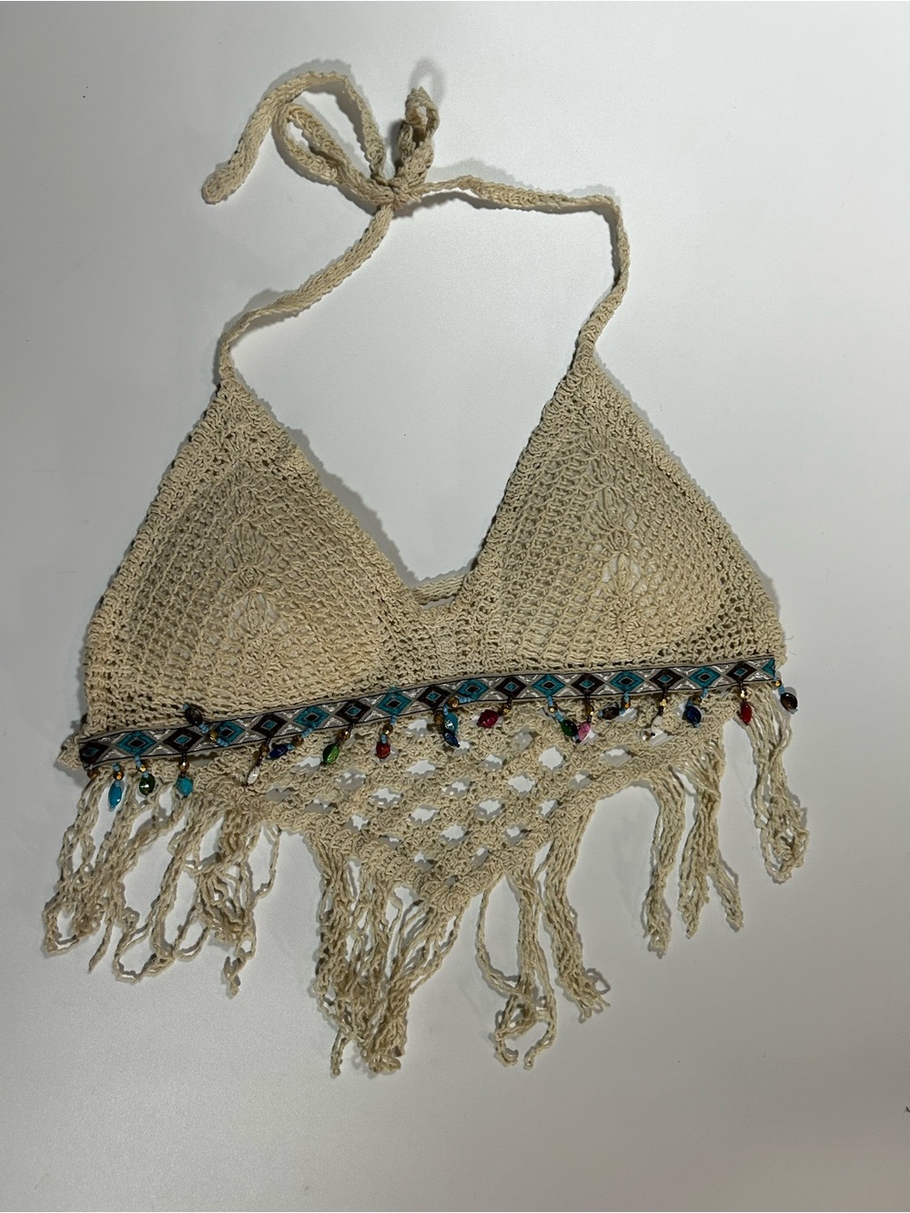 Cream Crochet Halter Crop Top Beaded Fringe Boho Festival One Size